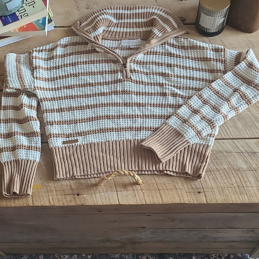 Simply Southern Cream and Tan Striped Cowl Half-Zip Sweater